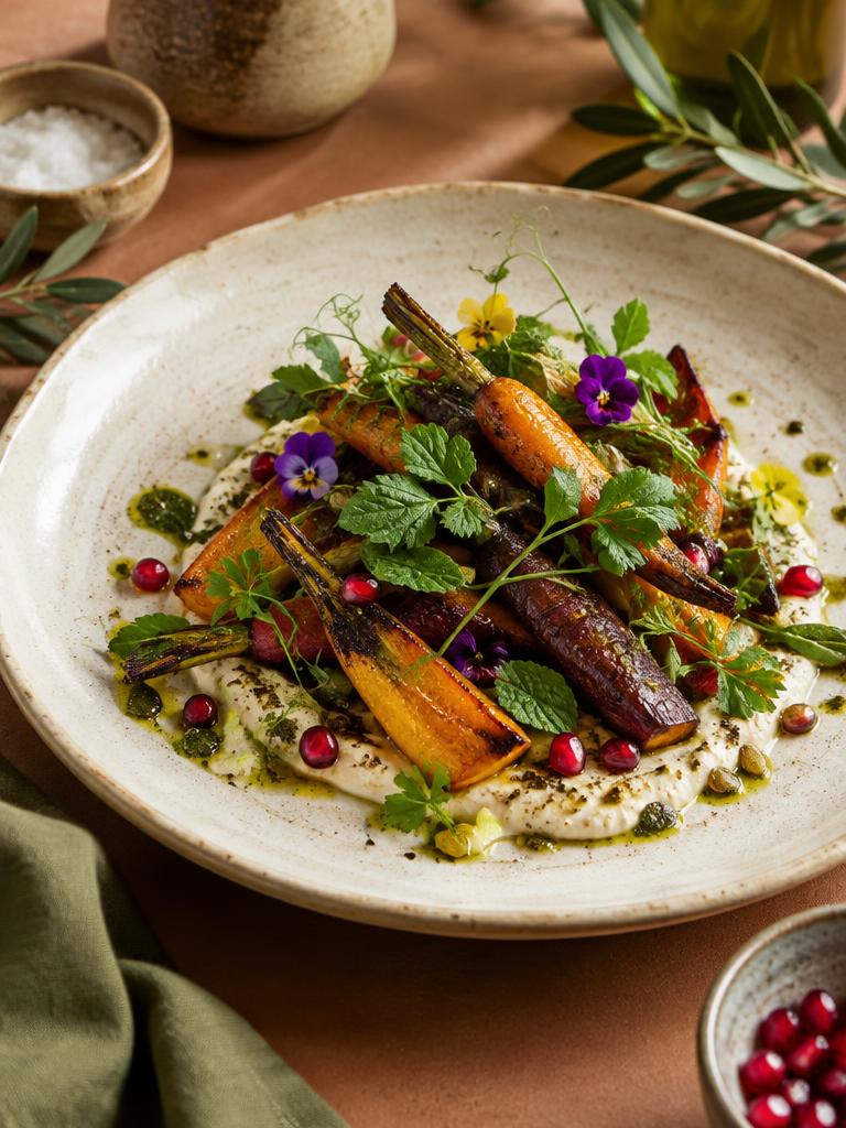 Garden vegetables plated with fresh herbs