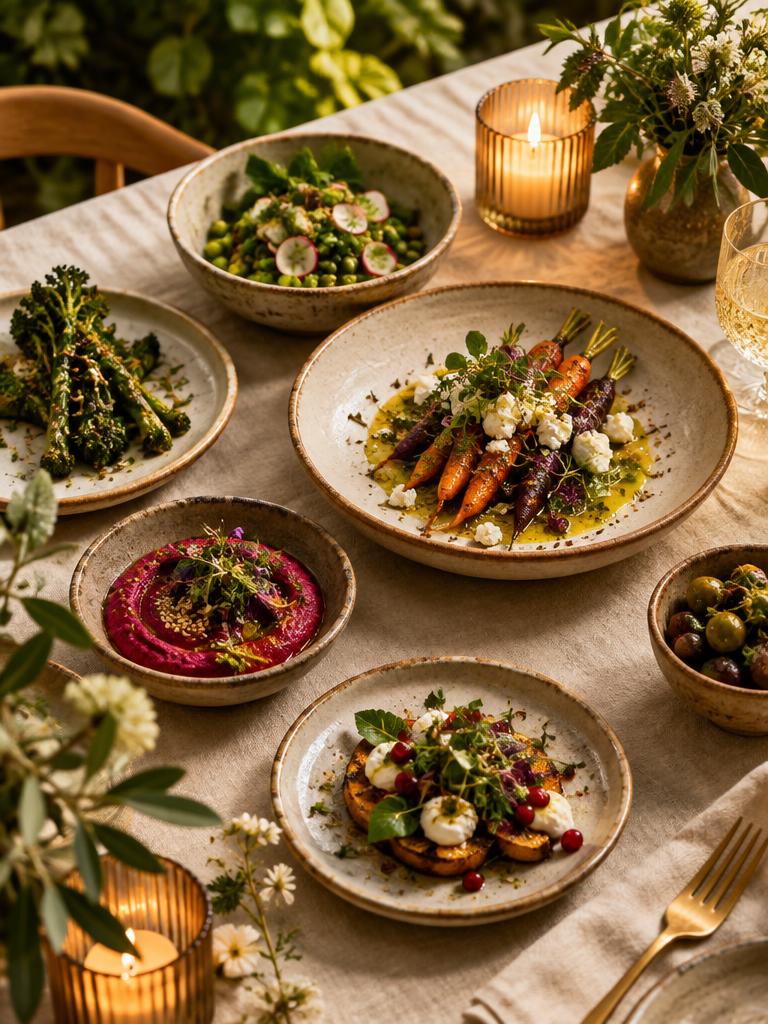 Elegant restaurant table with vegetarian dishes
