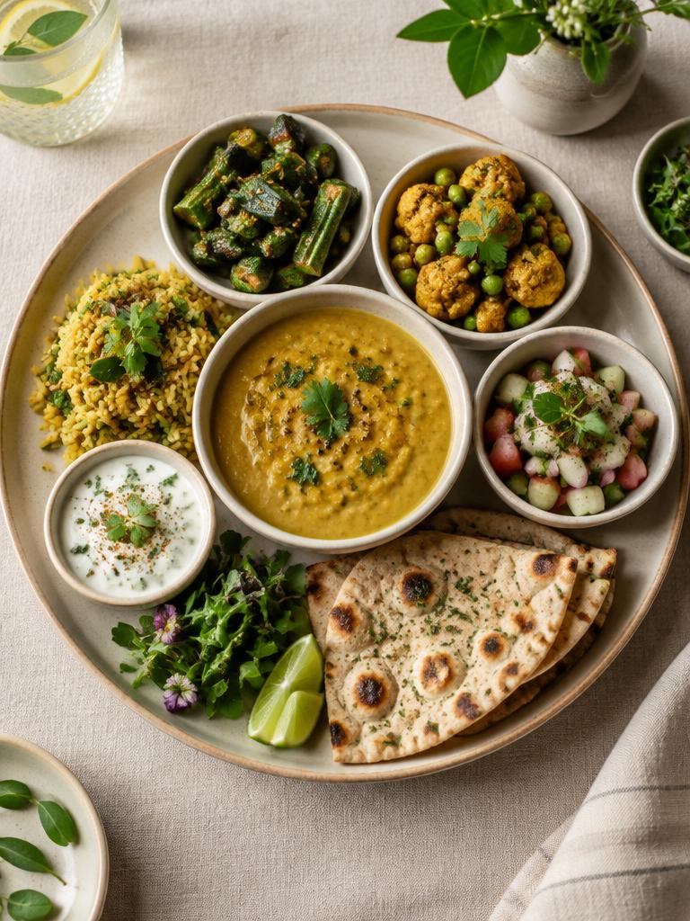 Indian vegetarian thali with dal, vegetables and flatbread